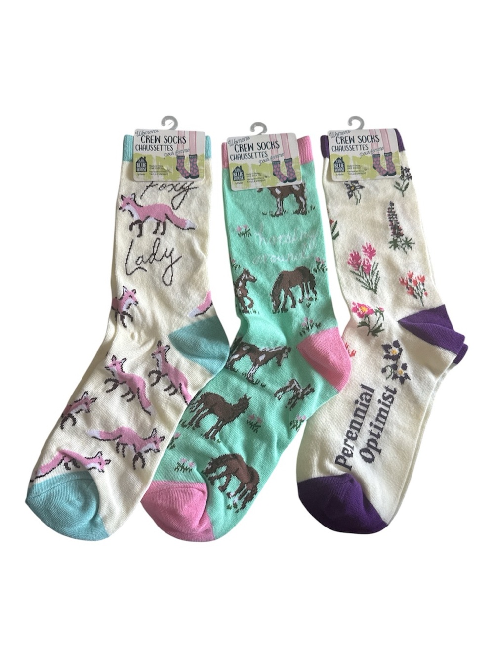 Crew Socks Set - Foxy Lady, Horses & Perennial Optimist - Pastel Colors. NWT.
